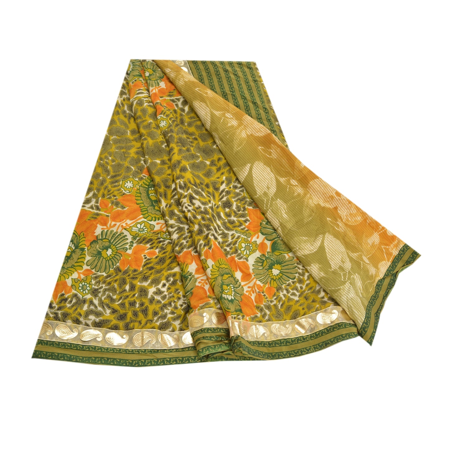 Sanskriti Vintage Green Sarees Pure Crepe Silk Printed Sari Craft Sustainable Fabric