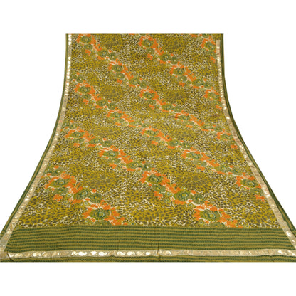 Sanskriti Vintage Green Sarees Pure Crepe Silk Printed Sari Craft Sustainable Fabric