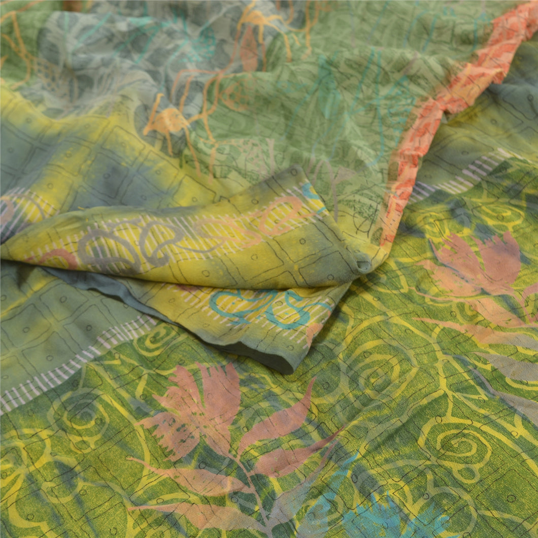 Sanskriti Vintage Green Tie-Dye Pure Crepe Silk Sarees Printed Sari Craft Fabric