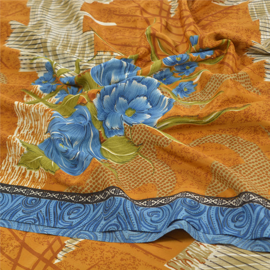 Санскрити Винтаж Горчица Индийский Креп Сари Печатный Декор Сари Ремесло Экологичная Ткань