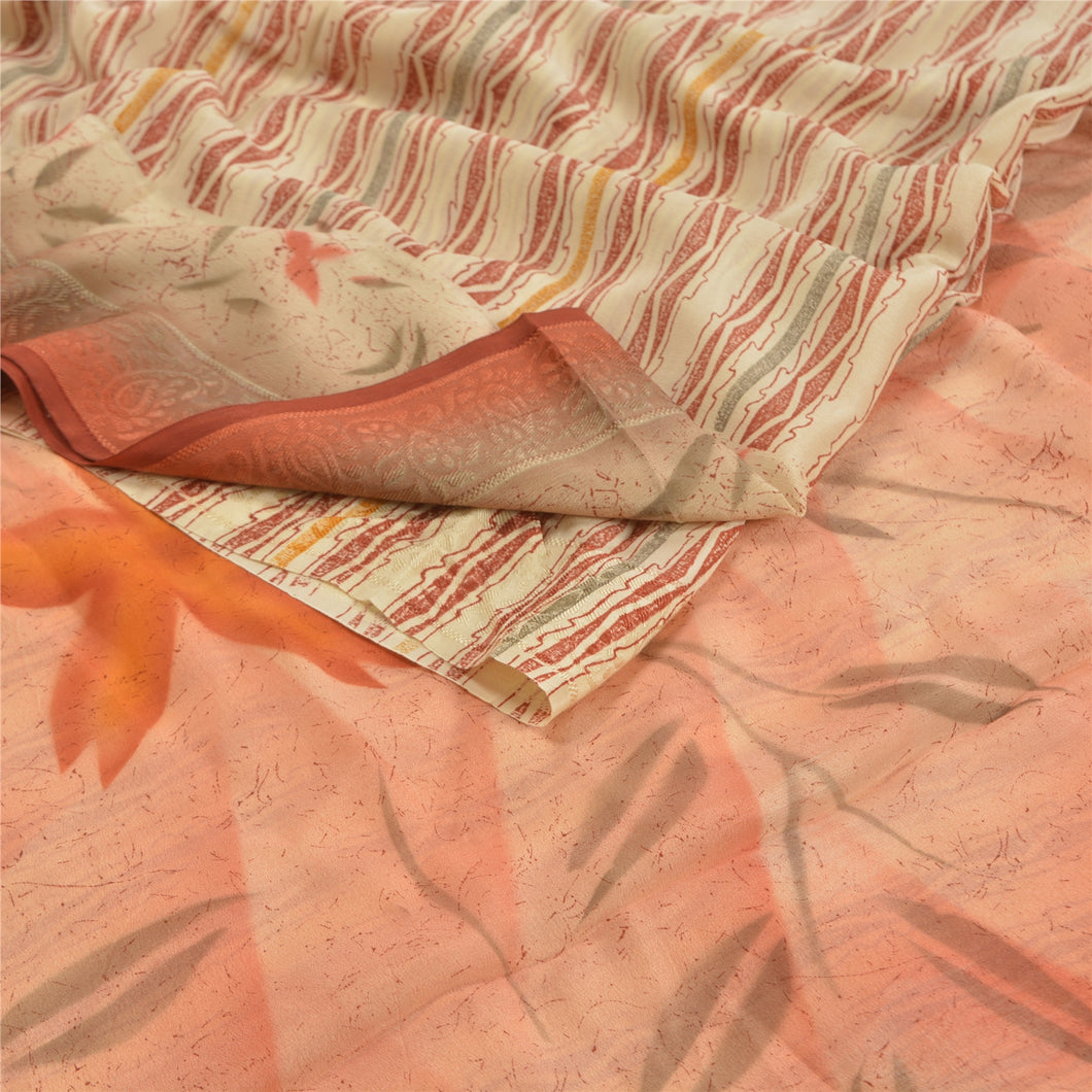 Sanskriti Vintage Peach Indian Pure Crepe Silk Sarees Printed Sari Craft Fabric