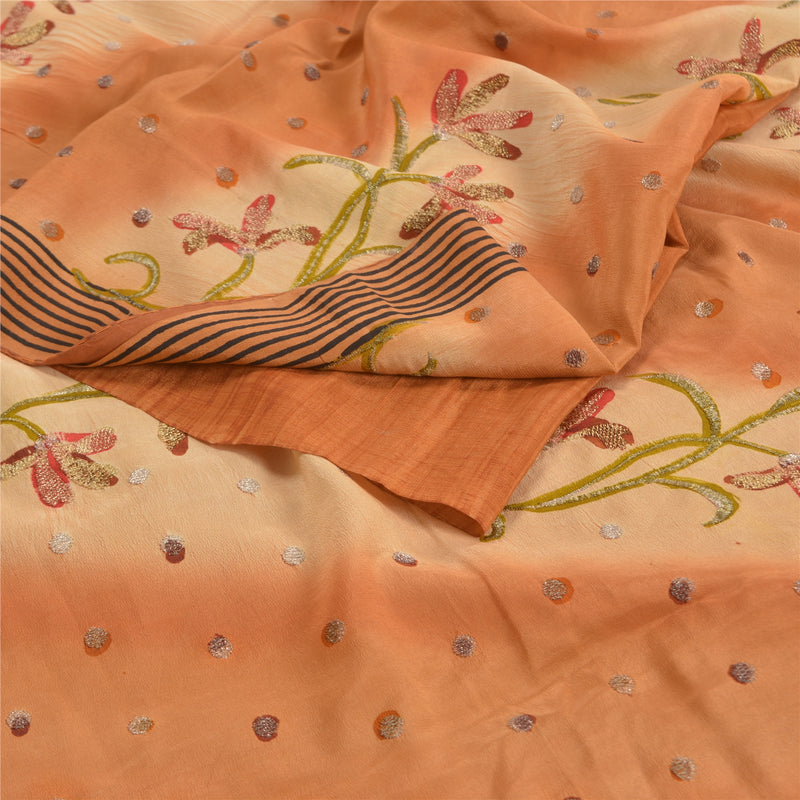 Sanskriti Vintage Salted Caramel Broderet Sari Ren Crepe Silke Sari Bæredygtigt Stof