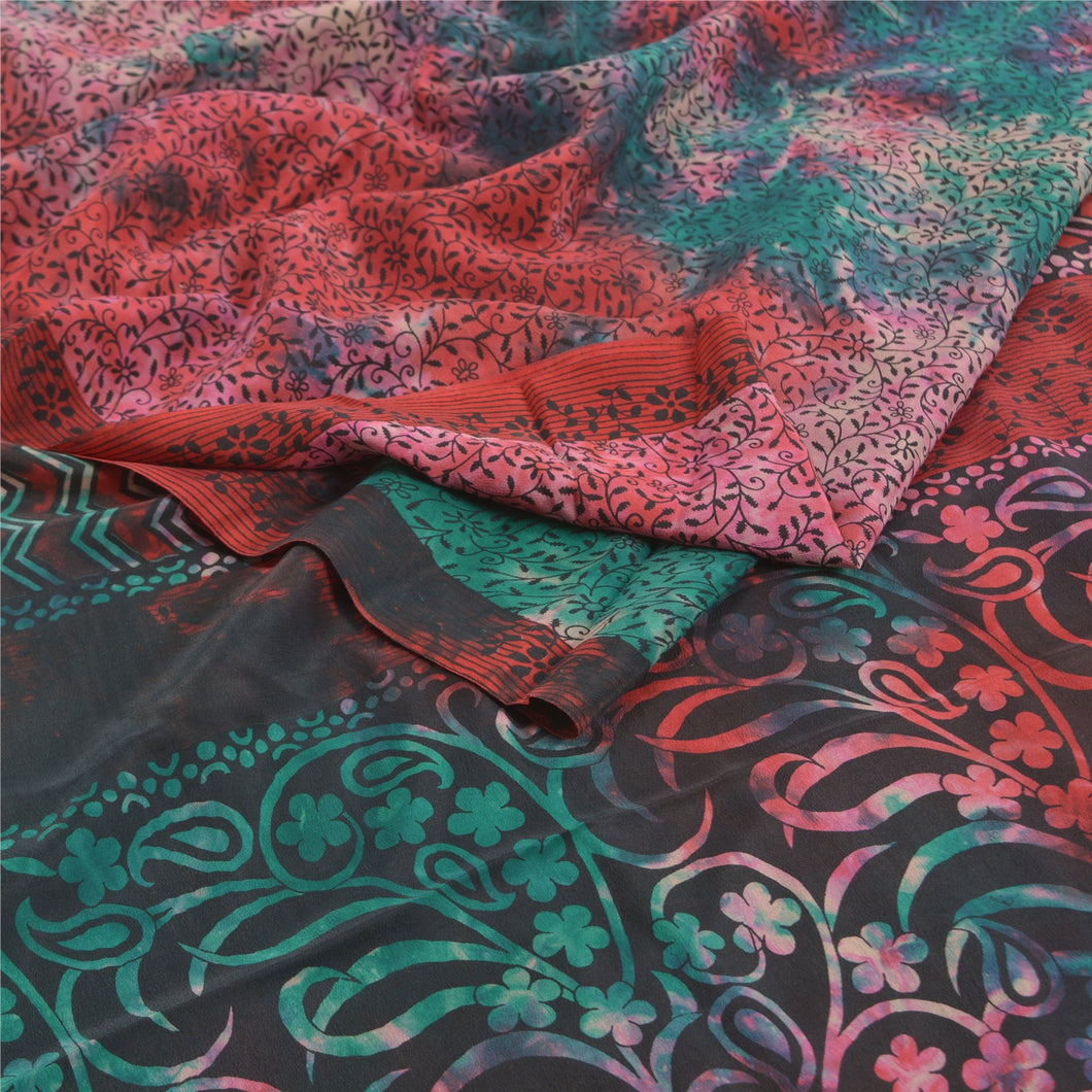 Sanskriti Vintage Red Tie-Dye Sarees Pure Crepe Silk Printed Sari Craft Fabric