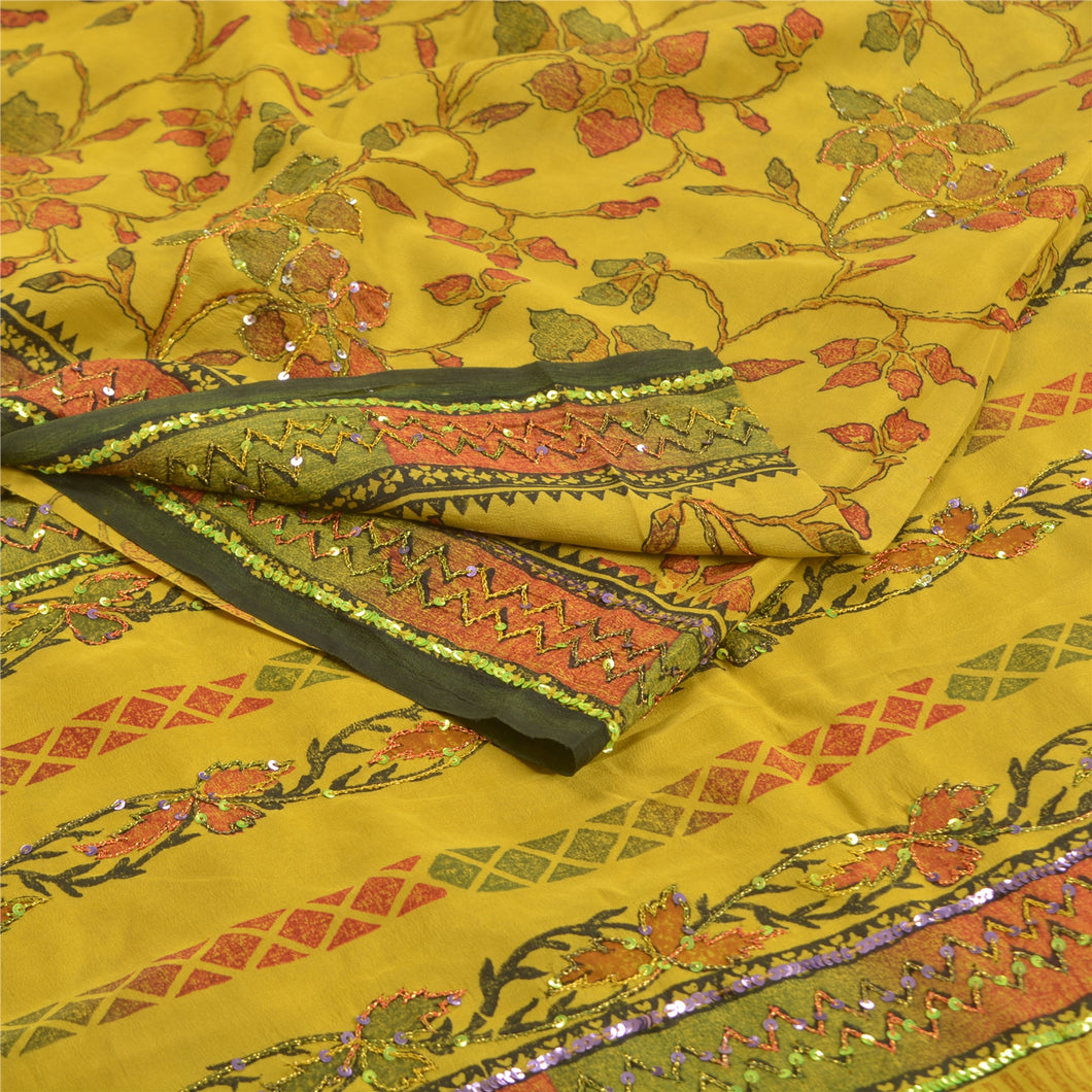 Sanskriti Vintage Green Hand Beaded Sarees Pure Crepe Silk Printed Sari Fabric