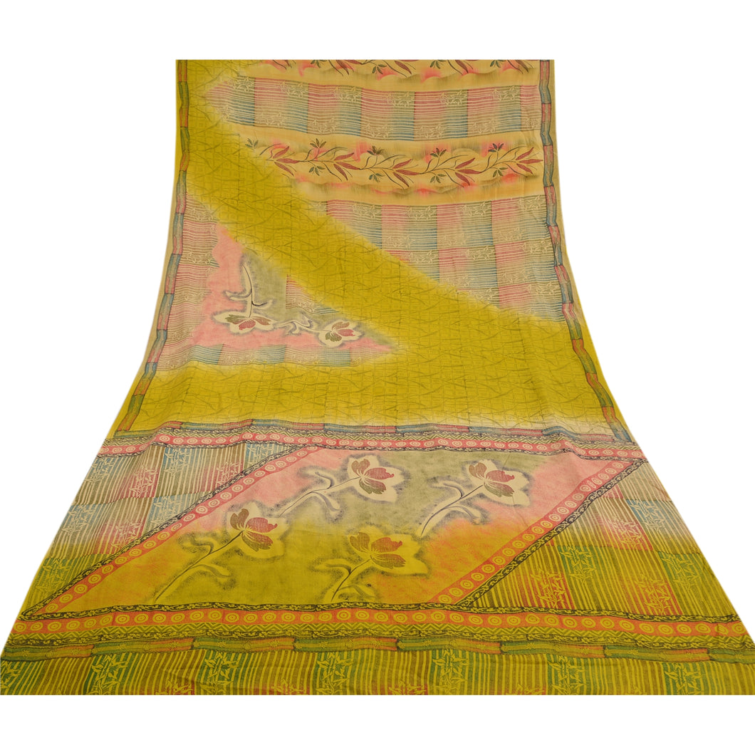 Sanskriti Vintage Green Sarees Pure Crepe Silk Printed Floral Soft Craft Fabric