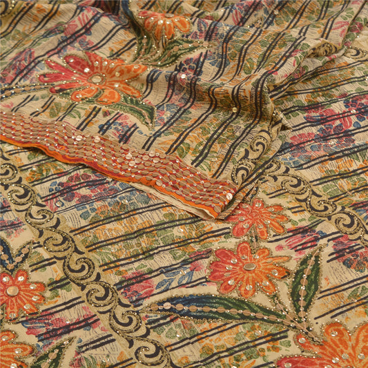 Sanskriti Vintage Multi Hand Beaded Printed Sarees Pure Crepe Silk Sari Sustainable Fabric