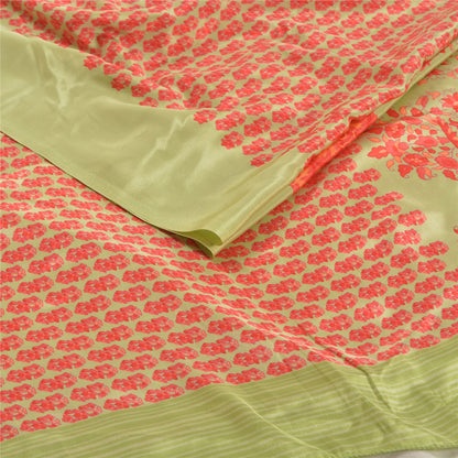 Sanskriti Vintage Green Indian Sarees Crepe Printed Sari 5yd Soft Craft Sustainable Fabric