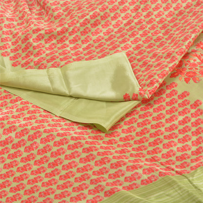 Sanskriti Vintage Green Indian Sarees Crepe Printed Sari 5yd Soft Craft Sustainable Fabric