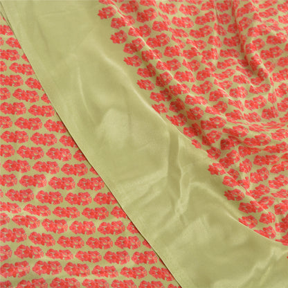 Sanskriti Vintage Green Indian Sarees Crepe Printed Sari 5yd Soft Craft Sustainable Fabric