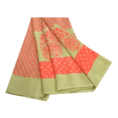 Sanskriti Vintage Green Indian Sarees Crepe Printed Sari 5yd Soft Craft Sustainable Fabric