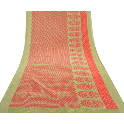 Sanskriti Vintage Green Indian Sarees Crepe Printed Sari 5yd Soft Craft Sustainable Fabric