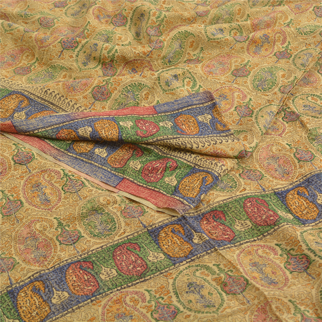 Sanskriti Vintage Beige Sarees Pure Crepe Silk Printed Sari Craft Fabric