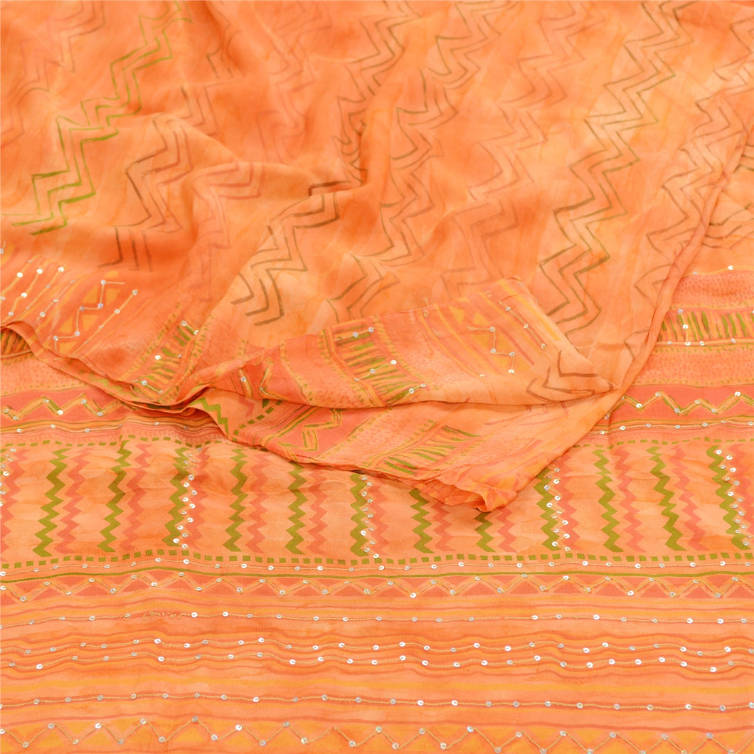 Sanskriti Vintage Orange Sarees Pure Crepe Silk Printed Sari Craft Fabric