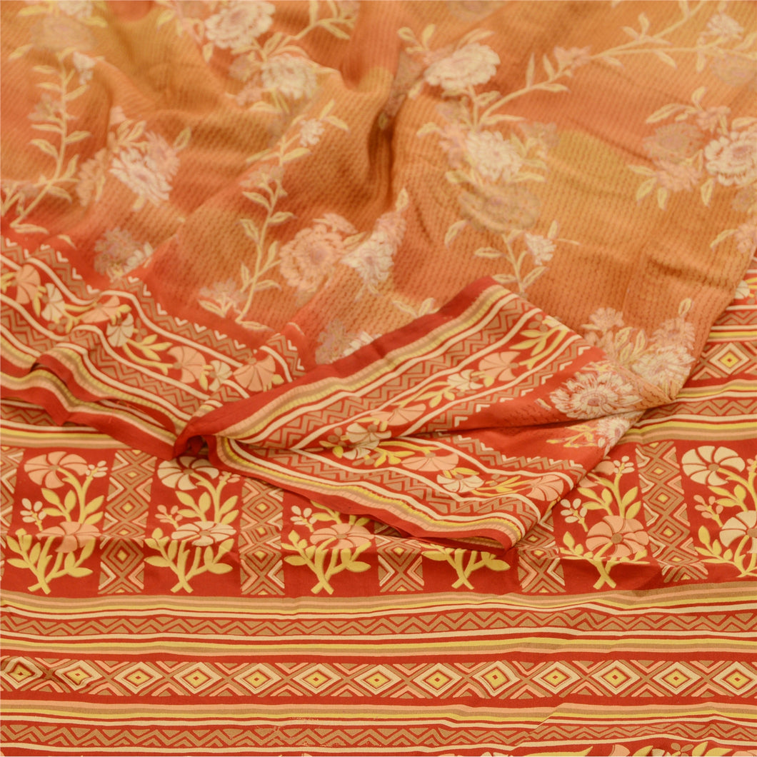 Sanskriti Vintage Brown Sarees Pure Crepe Silk Printed Sari Craft Fabric
