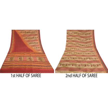 Sanskriti Vintage Beige Sarees Pure Crepe Silk Printed Sari Craft Sustainable Fabric