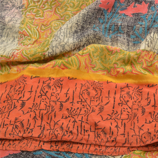 Sanskriti Vintage Sari 100% Pure Crepe Silk Green/Orange Saree Printed 5yd Craft Fabric Create-Floral Dresses, Kaftans, Skirts, Tops,