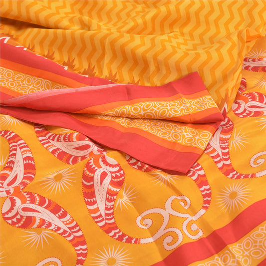 Sanskriti Vintage Sarees Yellow Pure Crepe Silk Printed Sari 5yd Craft Sustainable Fabric