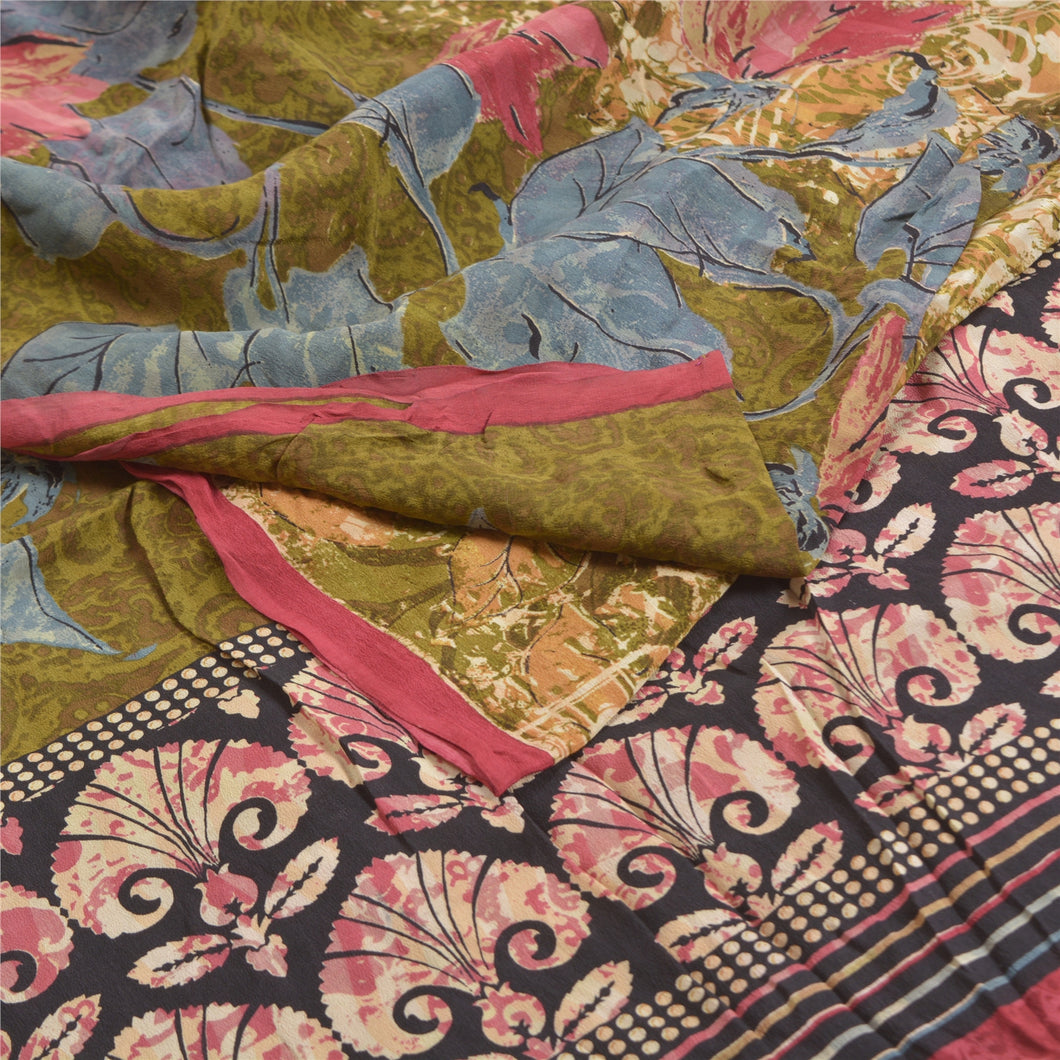 Sanskriti Vintage Green Sarees 100% Pure Crepe Silk Printed Sari Craft Fabric
