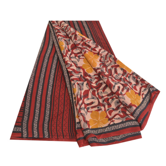 Sanskriti Vintage Dark Red Sarees Pure Crepe Silk Printed Sari Craft Sustainable Fabric