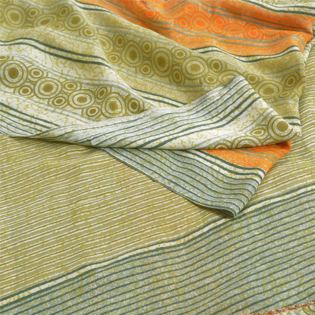 Sanskriti Vintage Green Sarees Crepe Silk Printed Indian Sari Craft Fabric
