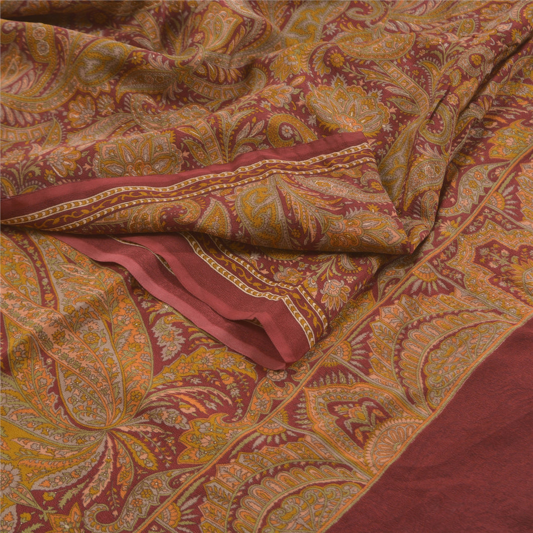Sanskriti Vintage Dark Red Sarees 100% Pure Crepe Silk Printed Sari Craft Fabric