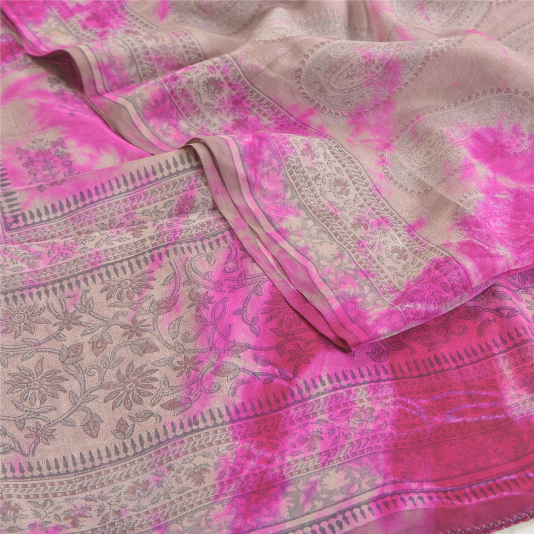 Sanskriti Vintage Pink Sarees Pure Crepe Silk Printed Tie&Dye Sari Craft Fabric