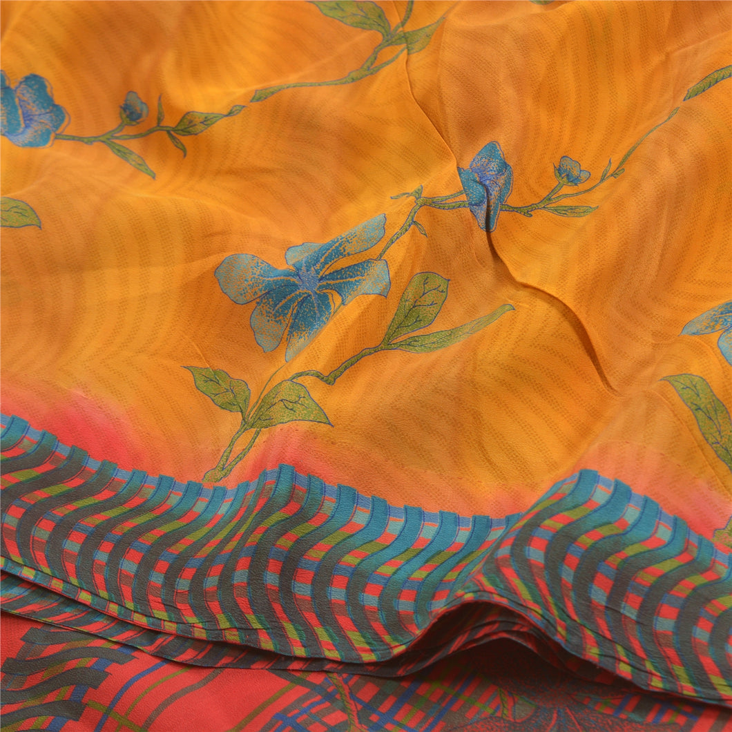 Sanskriti Vintage Mustard Sarees 100% Pure Crepe Silk Printed Sari Craft Fabric