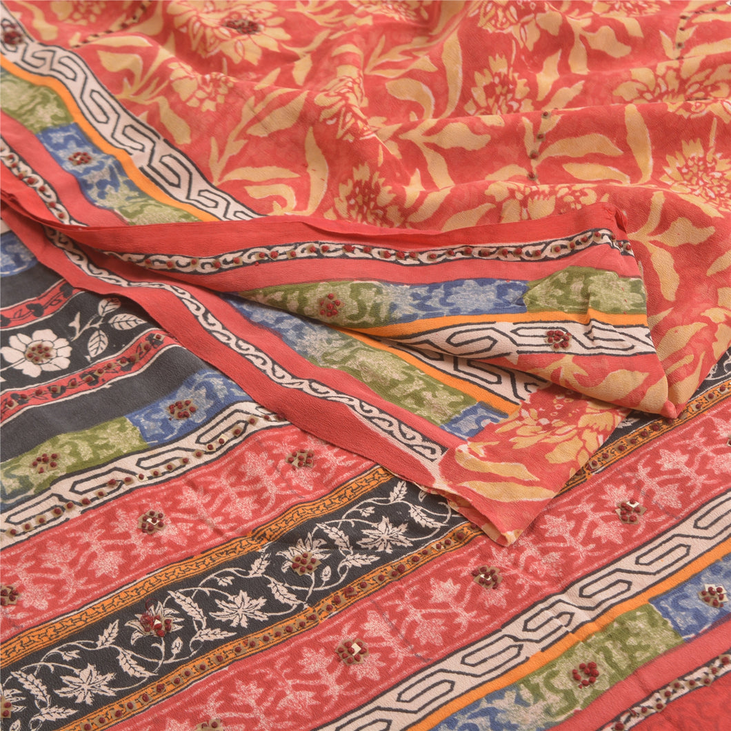 Sanskriti Vintage Red Sarees 100% Pure Crepe Silk Printed Sari Craft Fabric