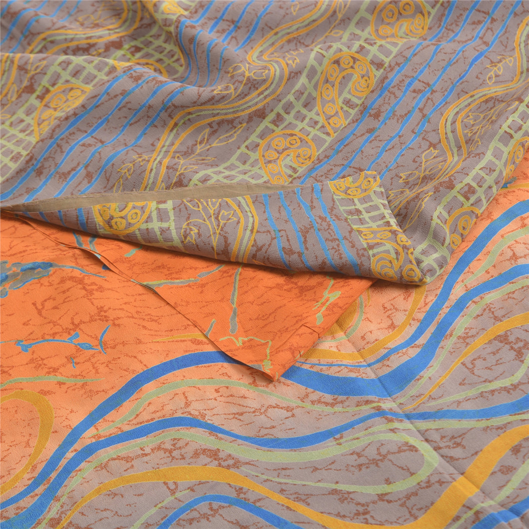 Sanskriti Vintage Orange Sarees Pure Crepe Silk Printed Sari Soft Craft Fabric