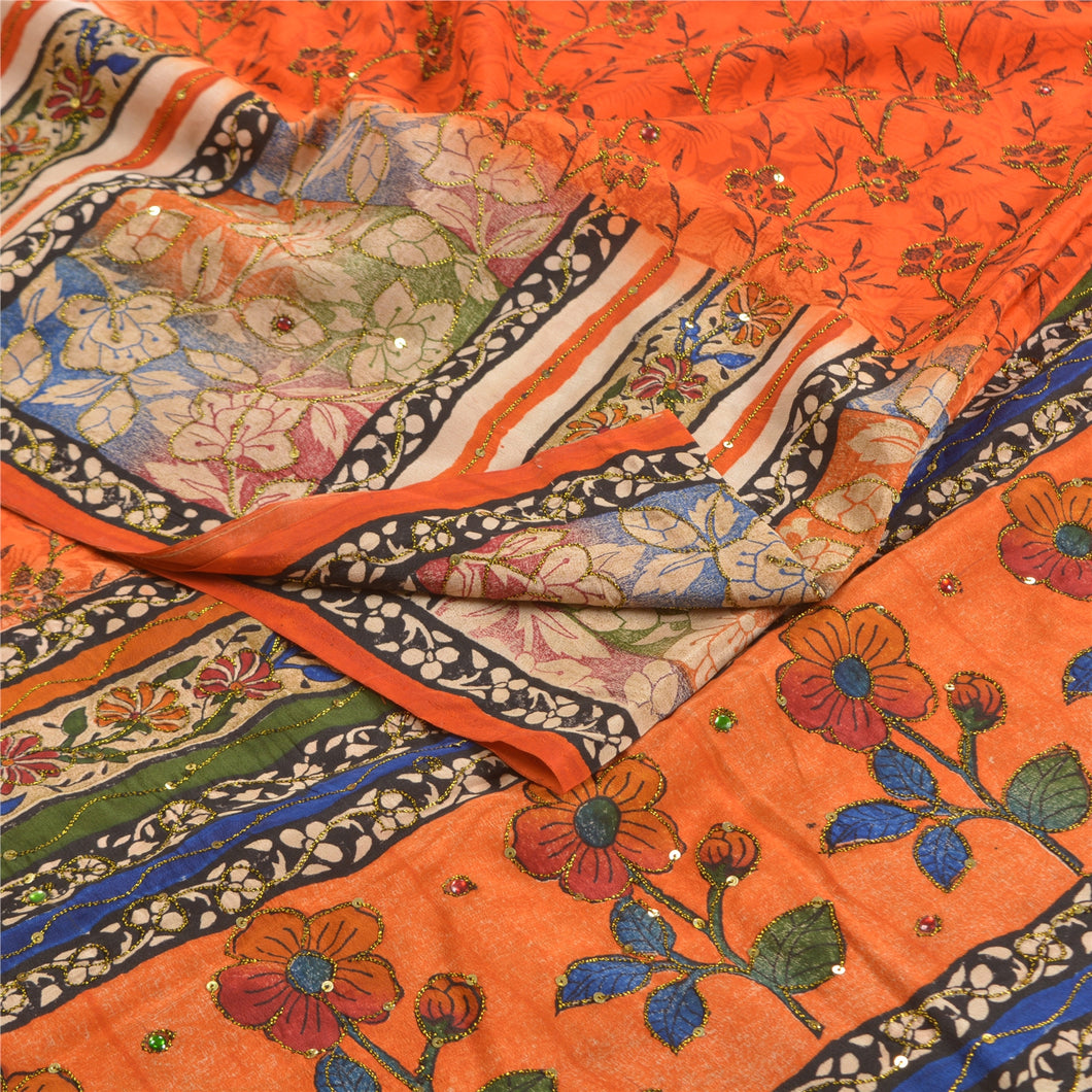 Sanskriti Vintage Orange Hand Beaded Printed Sarees Pure Crepe Silk Sari Fabric