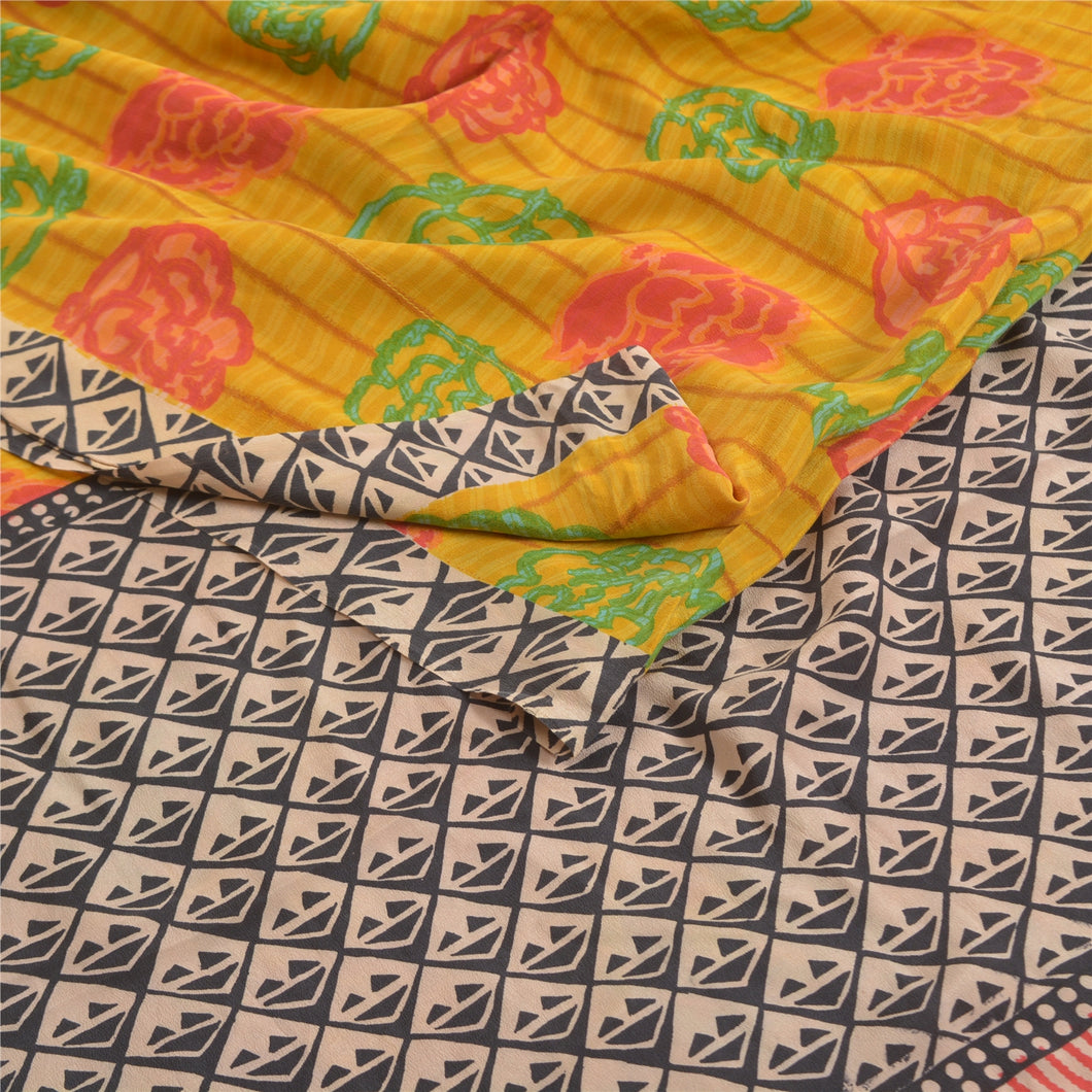 Sanskriti Vintage Mustard Green Sarees Pure Crepe Silk Printed Sari Craft Fabric