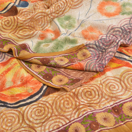 Sanskriti Vintage Sarees Embroidered Brown Pure Crepe Silk Printed Sari Sustainable Fabric