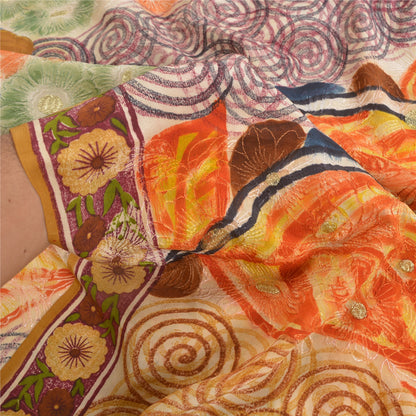 Санскритские винтажные сари с вышивкой из чистого коричневого крепированного шелка с принтом, устойчивая ткань для сари