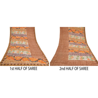 Санскритские винтажные сари с вышивкой из чистого коричневого крепированного шелка с принтом, устойчивая ткань для сари