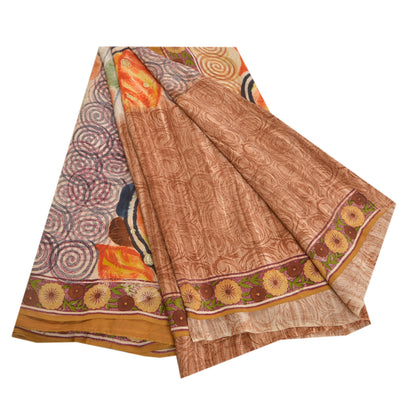 Санскритские винтажные сари с вышивкой из чистого коричневого крепированного шелка с принтом, устойчивая ткань для сари