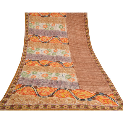 Санскритские винтажные сари с вышивкой из чистого коричневого крепированного шелка с принтом, устойчивая ткань для сари