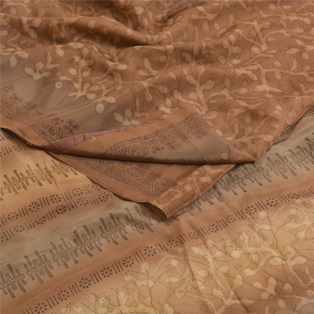 Sanskriti Vintage Sarees Brown 100% Pure Crepe Silk Printed Sari Craft Fabric