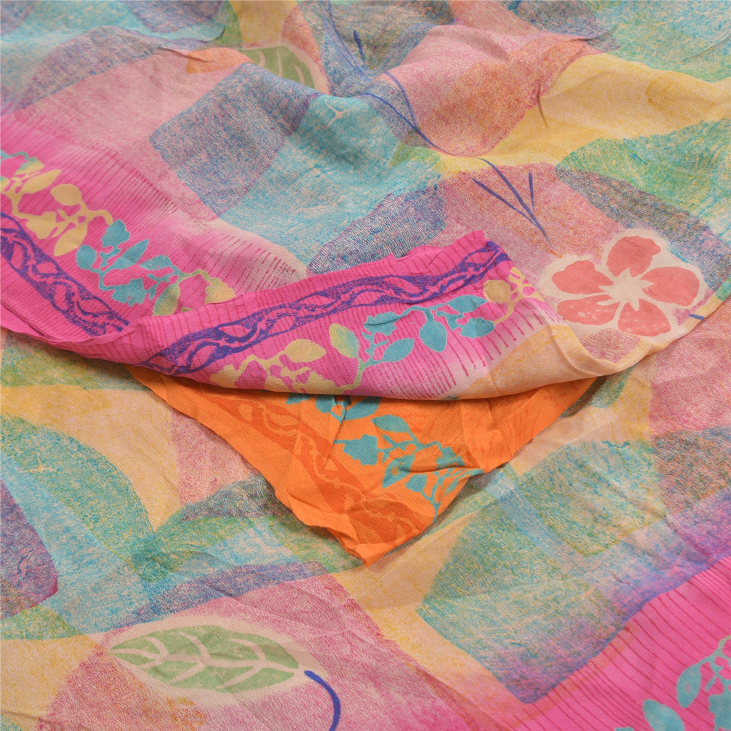 Sanskriti Vintage Sarees Saffron 100% Pure Crepe Silk Printed Sari Craft Fabric