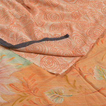 Sanskriti Vintage Sarees Orange Indian Pure Crepe Silk Printed Sari Craft Sustainable Fabric