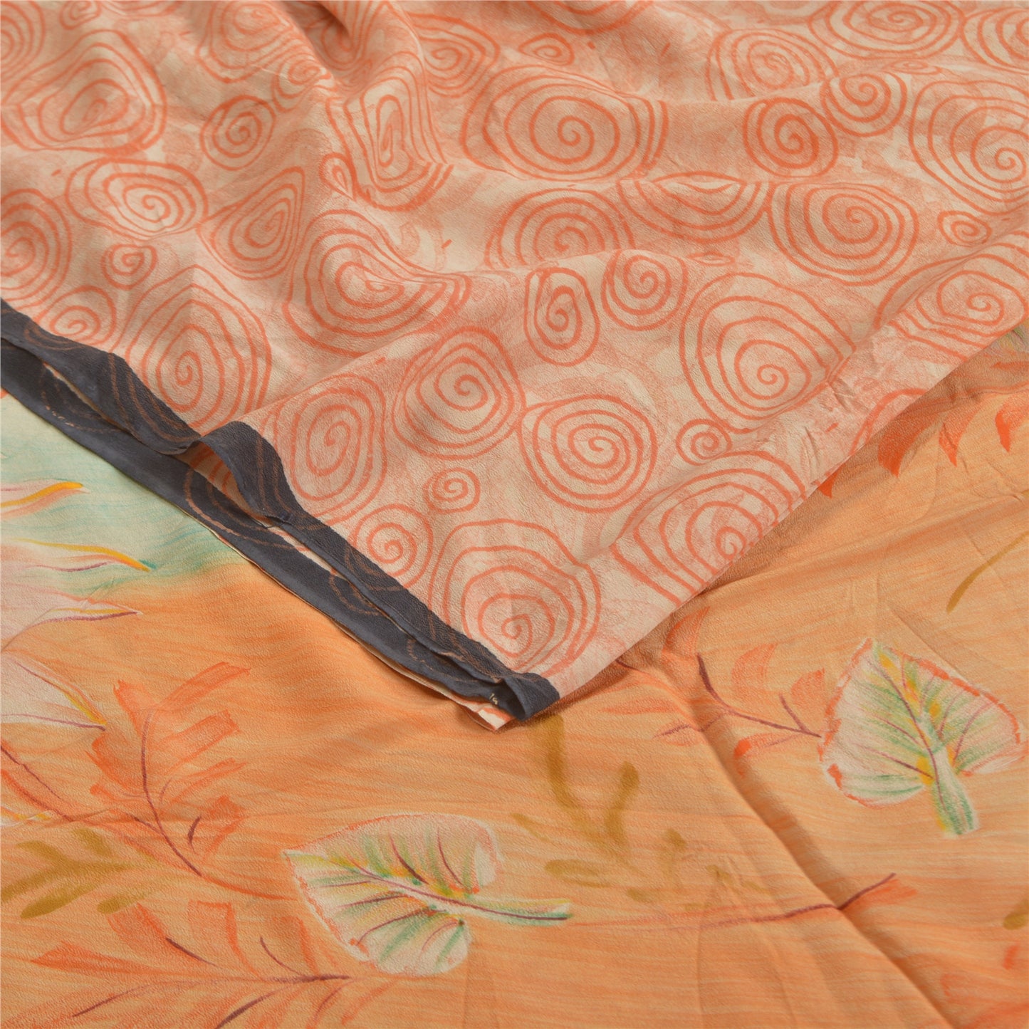 Sanskriti Vintage Sarees Orange Indian Pure Crepe Silk Printed Sari Craft Sustainable Fabric