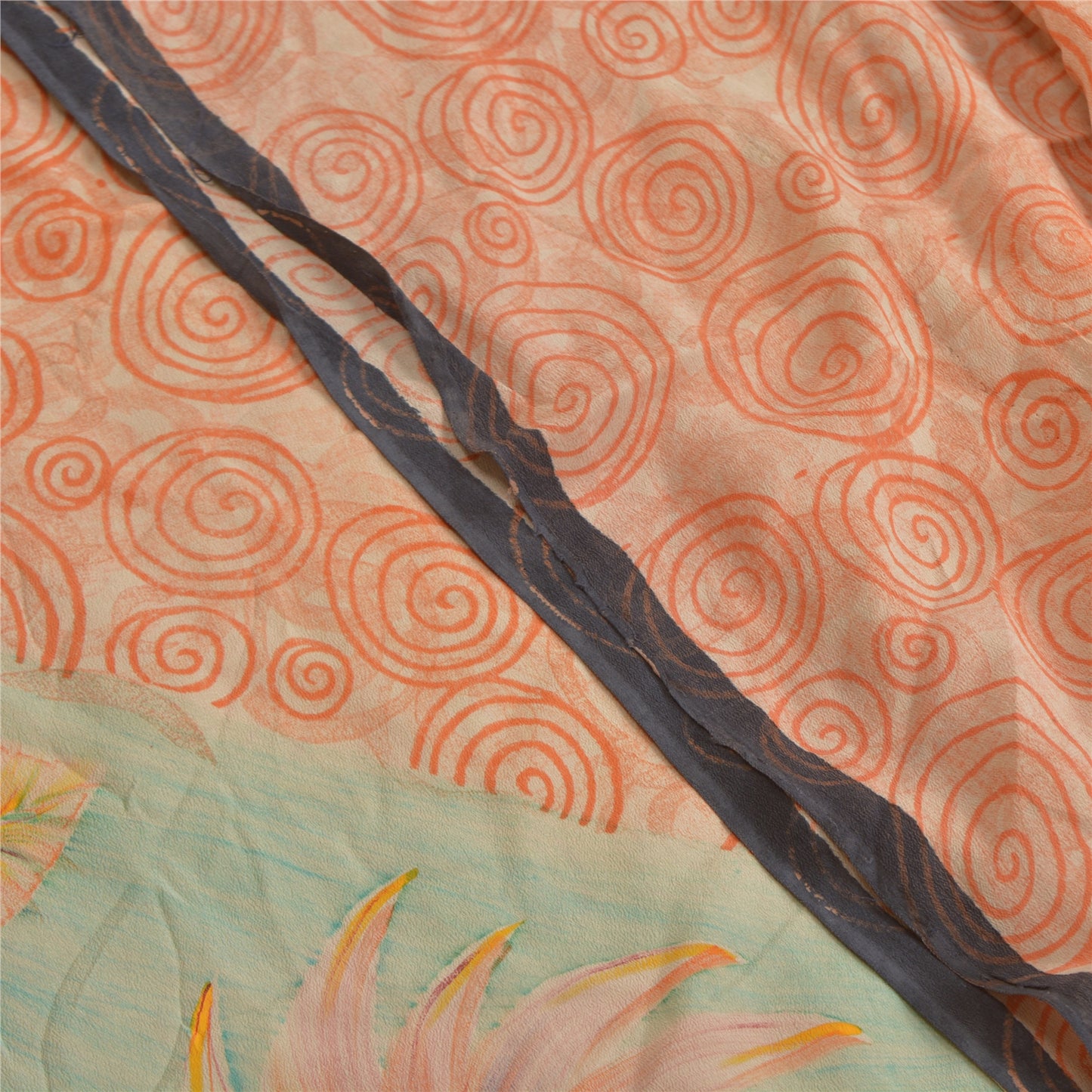 Sanskriti Vintage Sarees Orange Indian Pure Crepe Silk Printed Sari Craft Sustainable Fabric