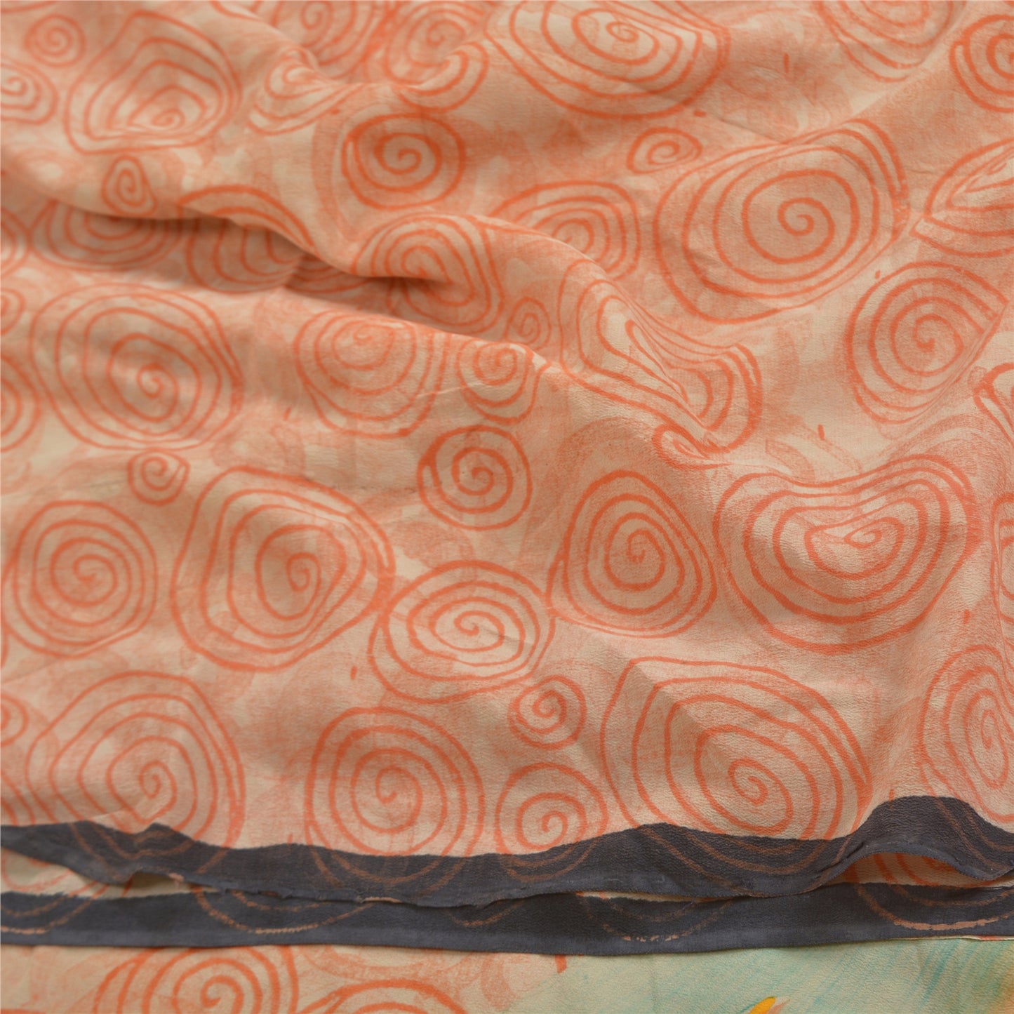 Sanskriti Vintage Sarees Orange Indian Pure Crepe Silk Printed Sari Craft Sustainable Fabric