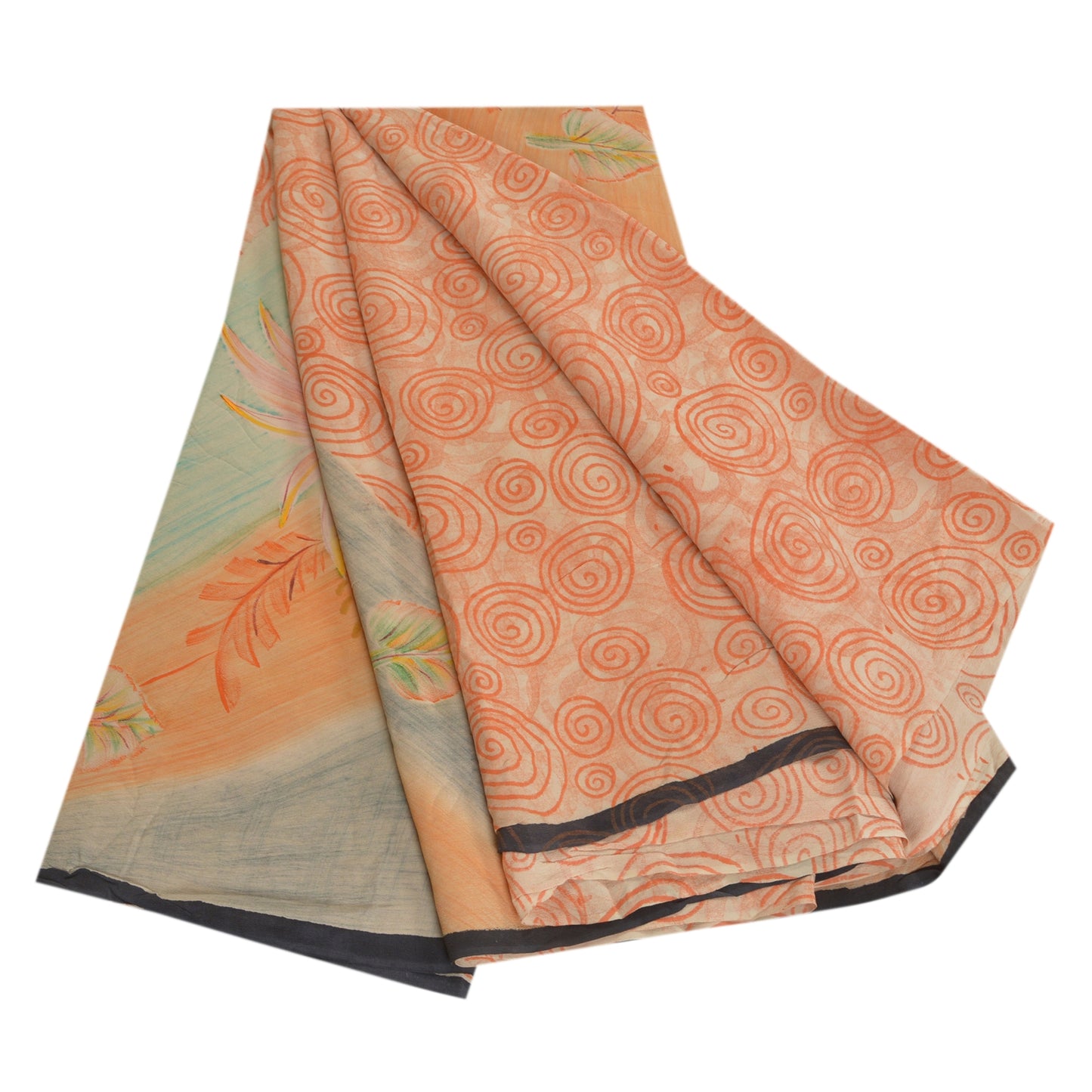 Sanskriti Vintage Sarees Orange Indian Pure Crepe Silk Printed Sari Craft Sustainable Fabric