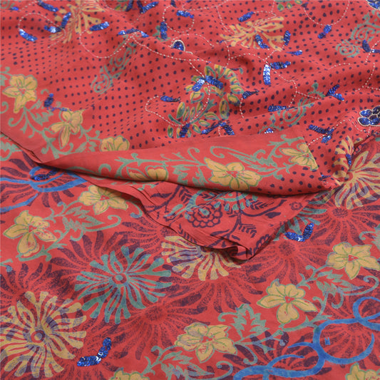 Sanskriti Vintage Sarees Red Hand Beaded Print Pure Crepe Silk Sari Craft Sustainable Fabric