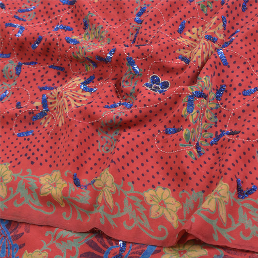 Sanskriti Vintage Sarees Red Hand Beaded Print Pure Crepe Silk Sari Craft Sustainable Fabric