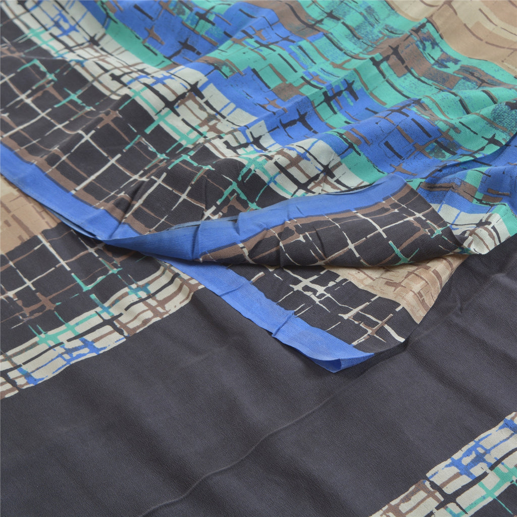 Sanskriti Vintage Sarees Pale Cream Pure Crepe Silk Printed Sari Craft Sustainable Fabric