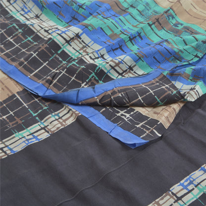 Sanskriti Vintage Sarees Pale Cream Pure Crepe Silk Printed Sari Craft Sustainable Fabric