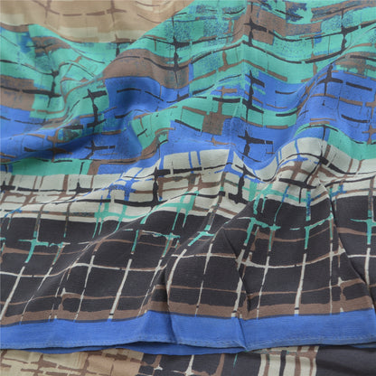 Sanskriti Vintage Sarees Pale Cream Pure Crepe Silk Printed Sari Craft Sustainable Fabric