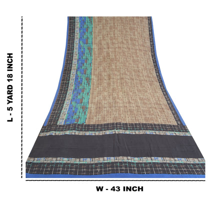 Sanskriti Vintage Sarees Pale Cream Pure Crepe Silk Printed Sari Craft Sustainable Fabric