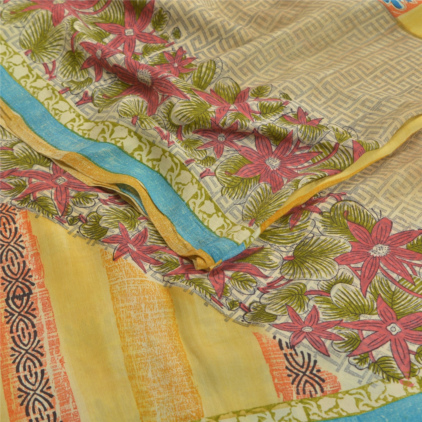Sanskriti Vintage Sarees Multi Pure Crepe Silk Printed Sari Soft Craft Sustainable Fabric